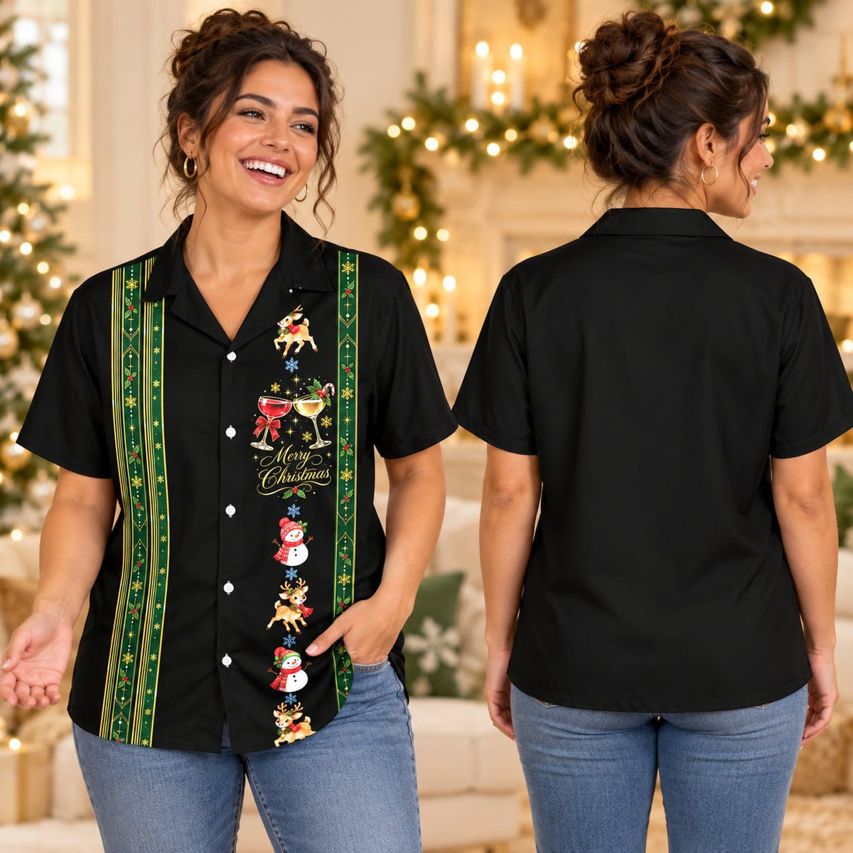 Lifestyle view of someone wearing the black holiday hawaiian shirt