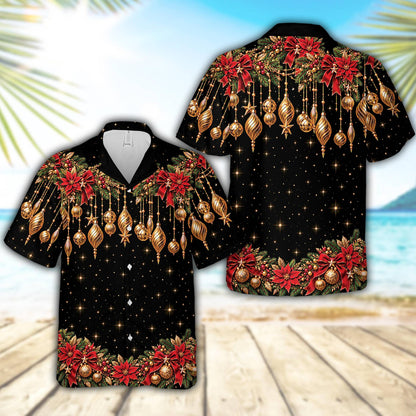 Lifestyle view showing the black holiday hawaiian shirt being worn