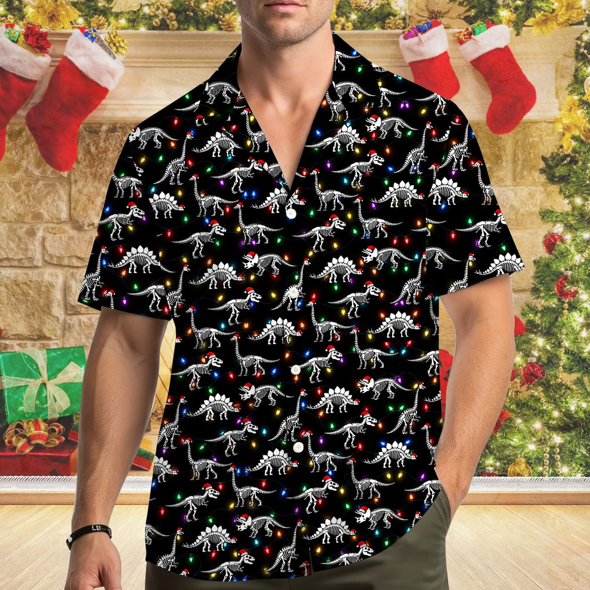 Second lifestyle view of individuals wearing the dinosaur holiday hawaiian shirt
