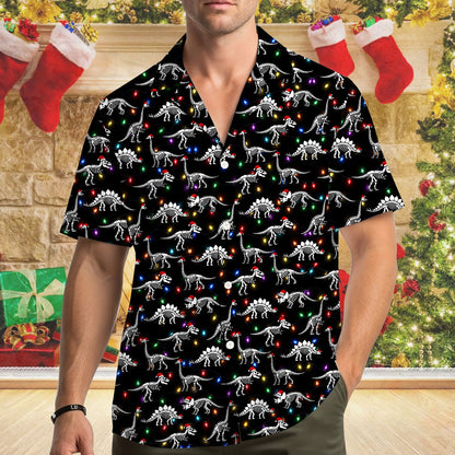 Second lifestyle view of individuals wearing the dinosaur holiday hawaiian shirt