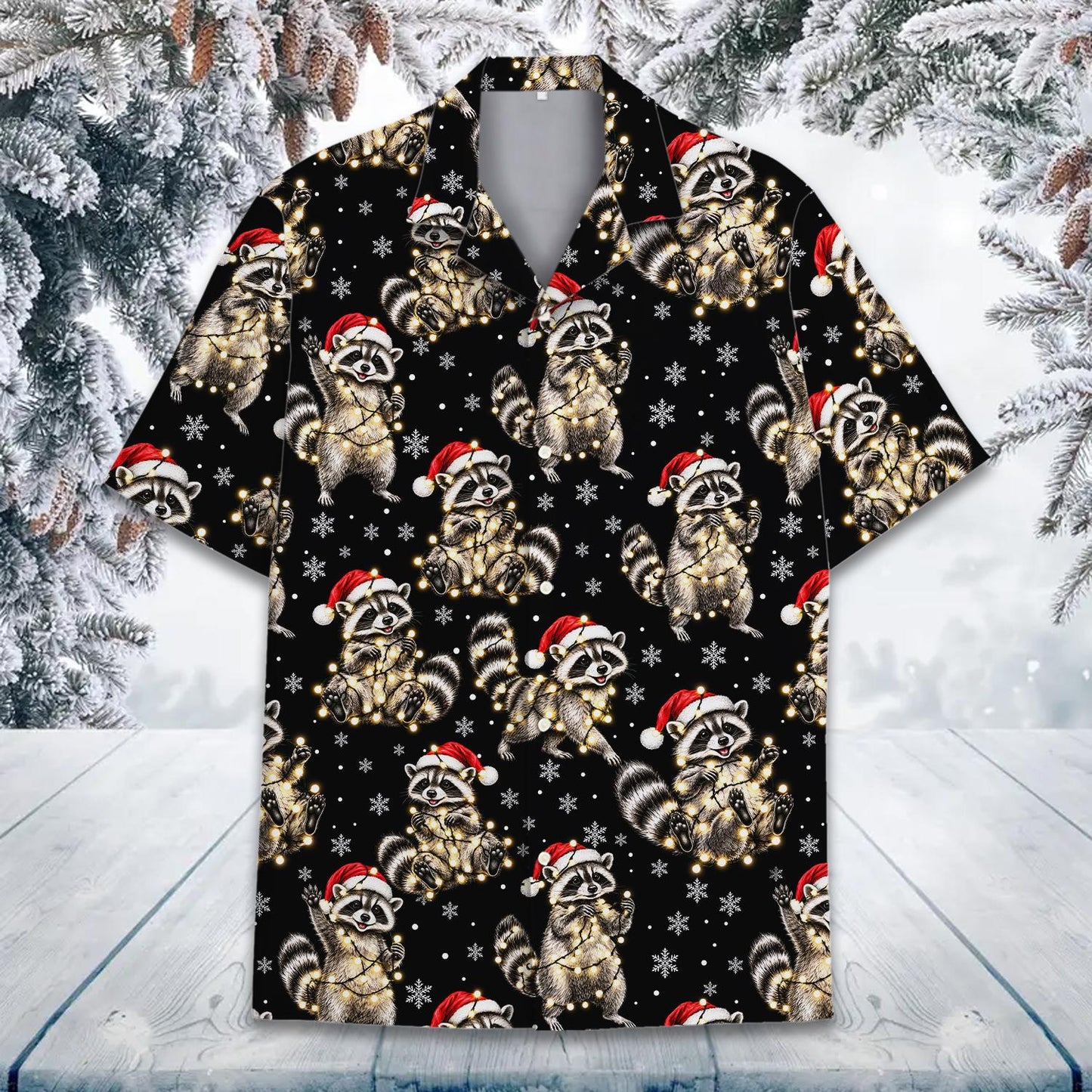 Second lifestyle image of the matching family hawaiian shirts with Christmas raccoon design
