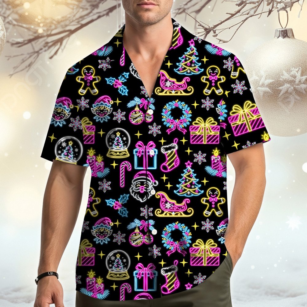 Lifestyle view of matching family hawaiian shirts in black with neon christmas icons