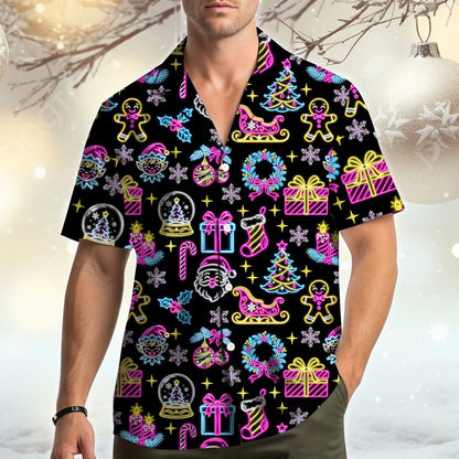 Lifestyle view of matching family hawaiian shirts in black with neon christmas icons