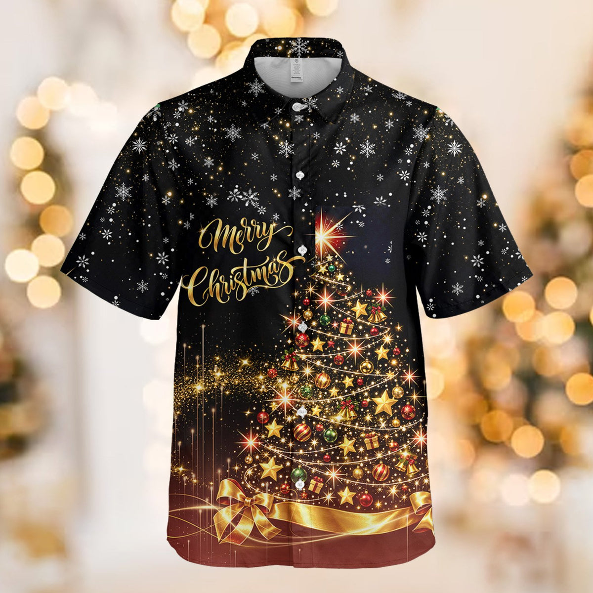 Lifestyle photo of the black and gold Christmas shirt