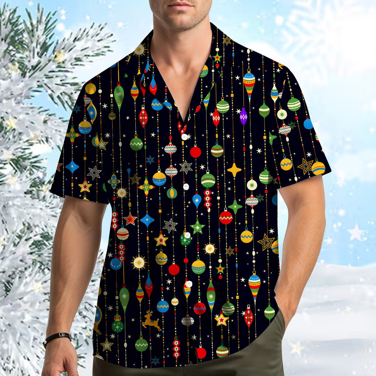 Second lifestyle view of the black christmas hawaiian shirt in a natural setting