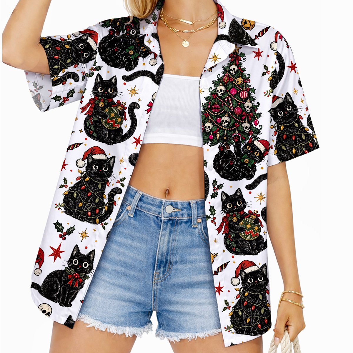 Third lifestyle view displaying the festive gothic cat hawaiian shirt