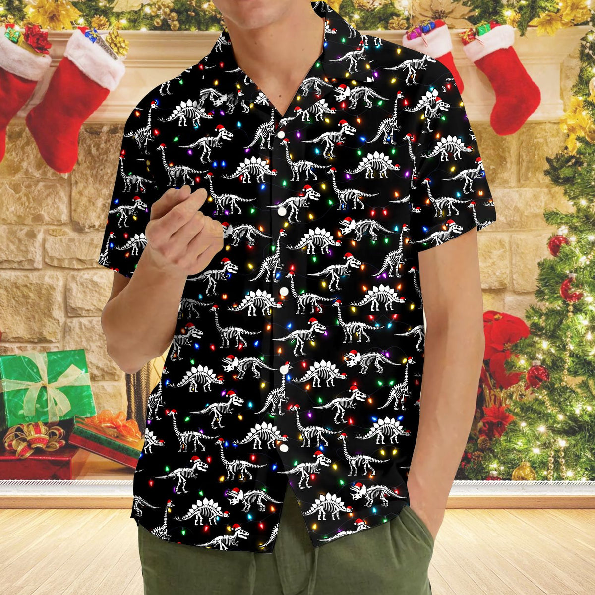 Third lifestyle view showing the black holiday hawaiian shirt in a casual setting