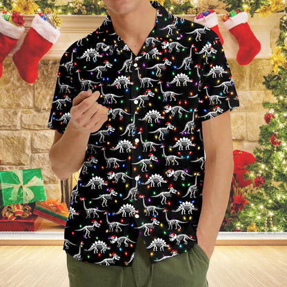 Third lifestyle view showing the black holiday hawaiian shirt in a casual setting