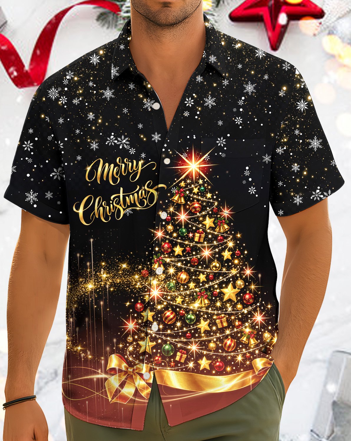 Outdoor lifestyle shot featuring the glowing tree hawaiian shirt