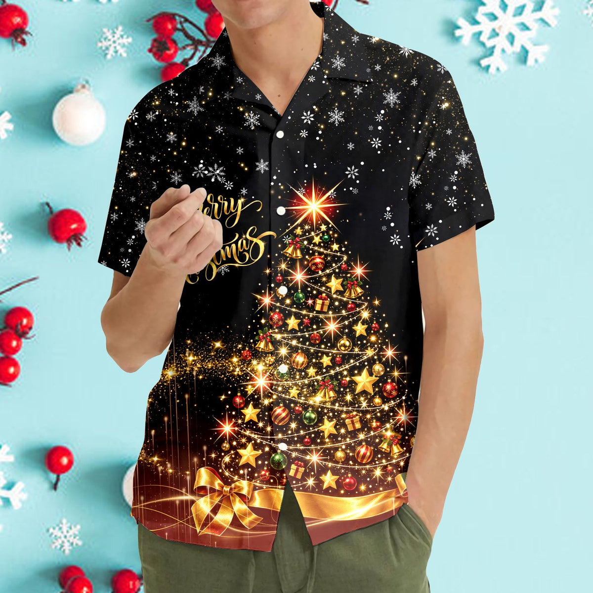 Third lifestyle view of the black and gold holiday Hawaiian shirt