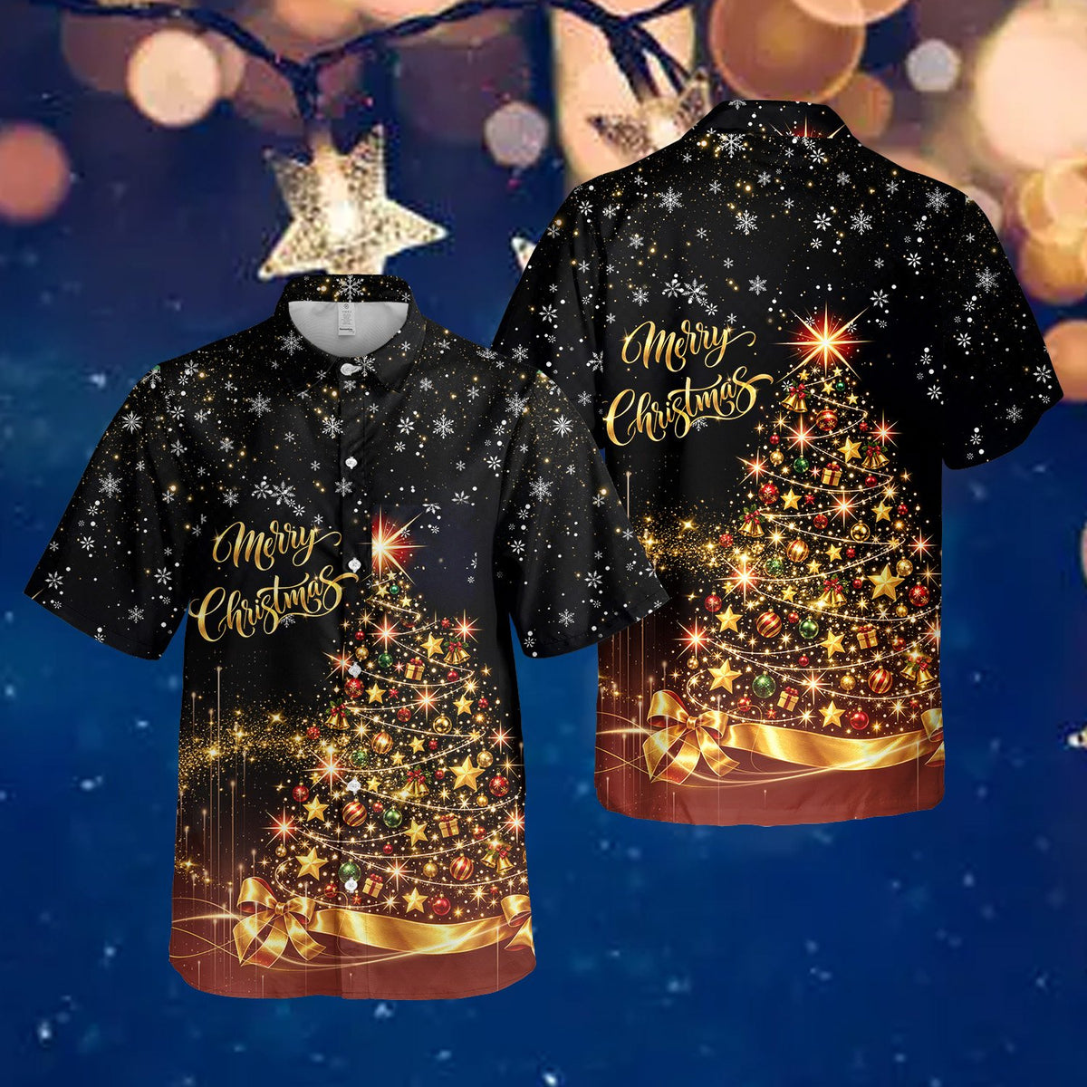 Person modeling the black holiday hawaiian shirt