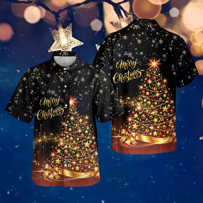 Person modeling the black holiday hawaiian shirt