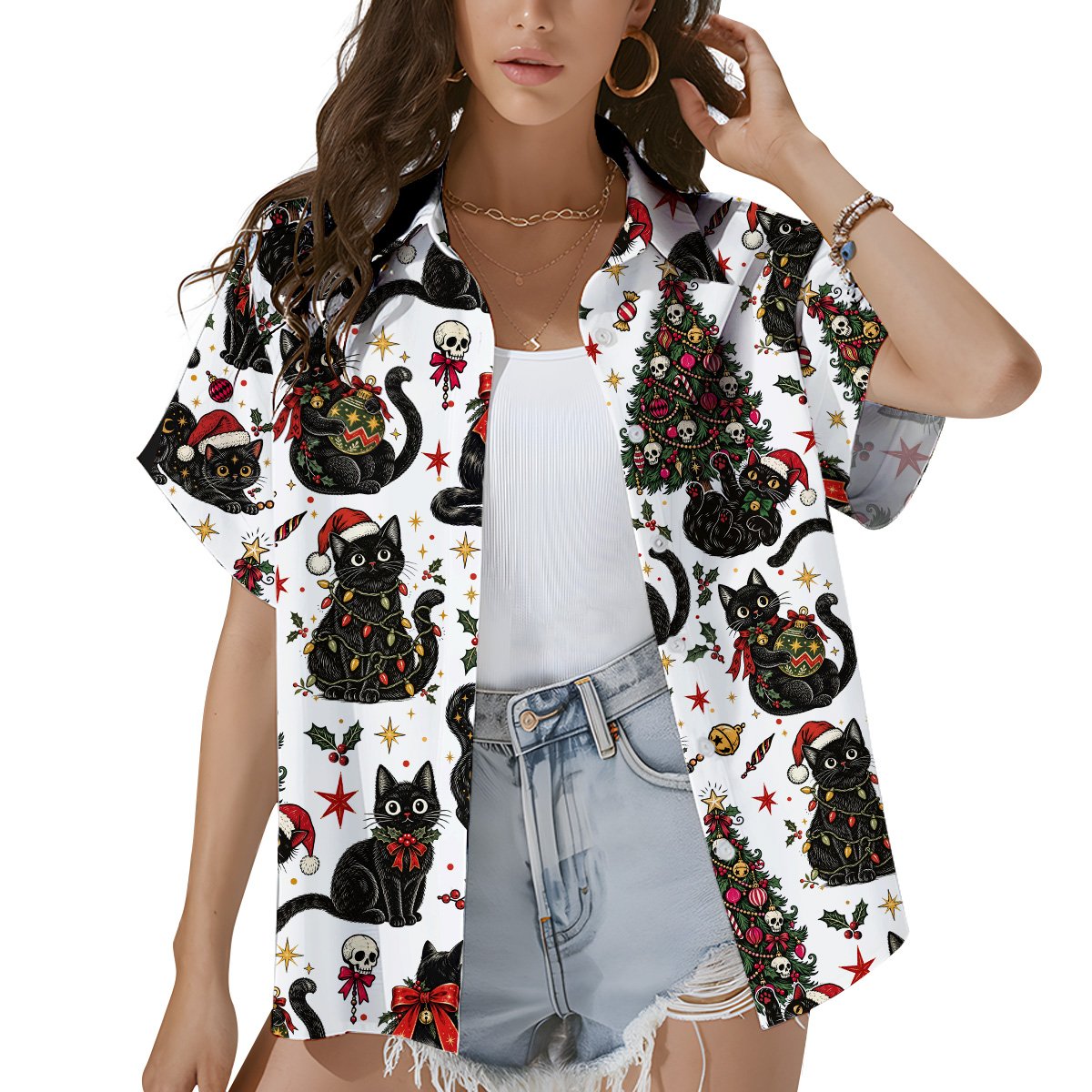 Lifestyle shot of people wearing the christmas hawaiian shirt