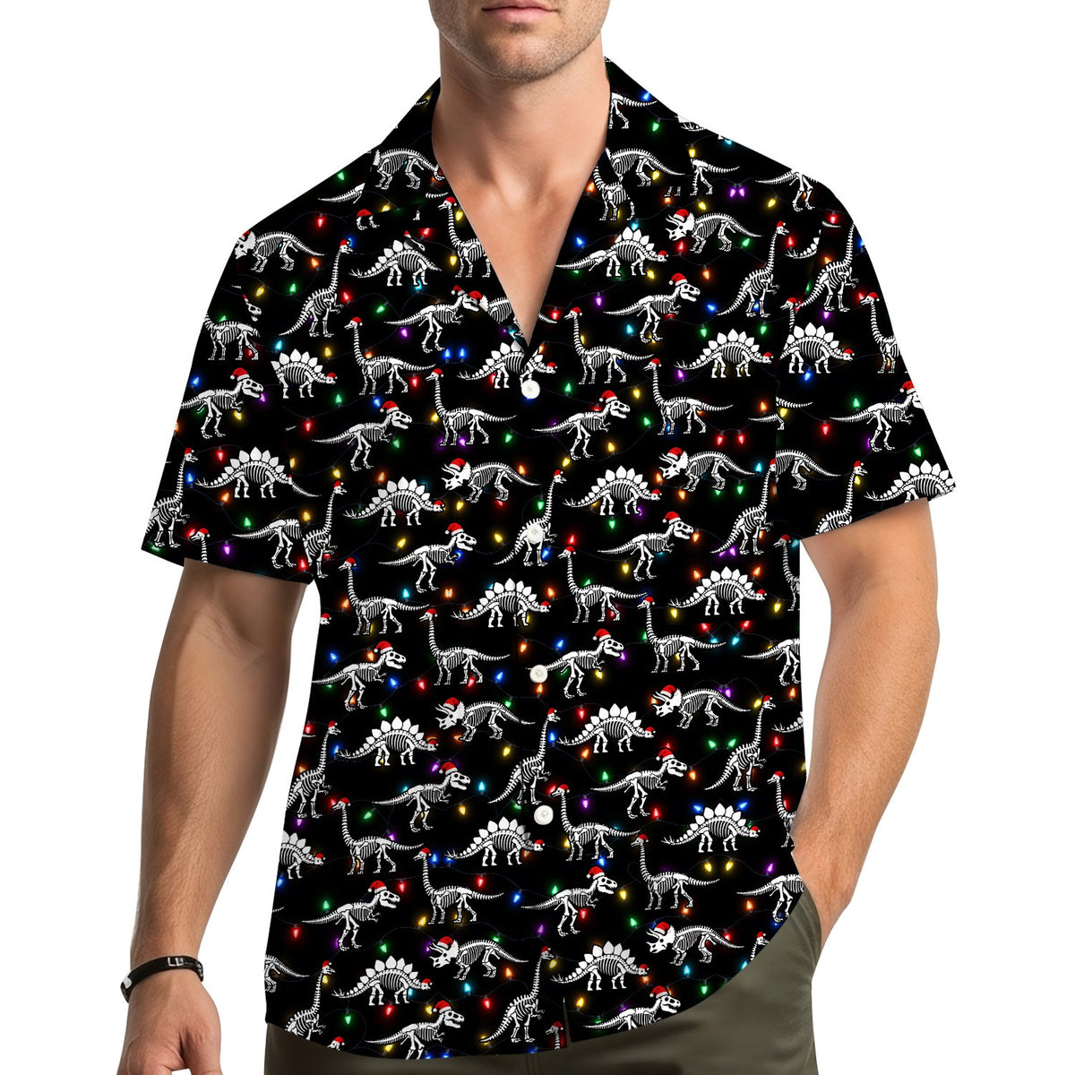 Lifestyle view of a family wearing matching christmas hawaiian shirts