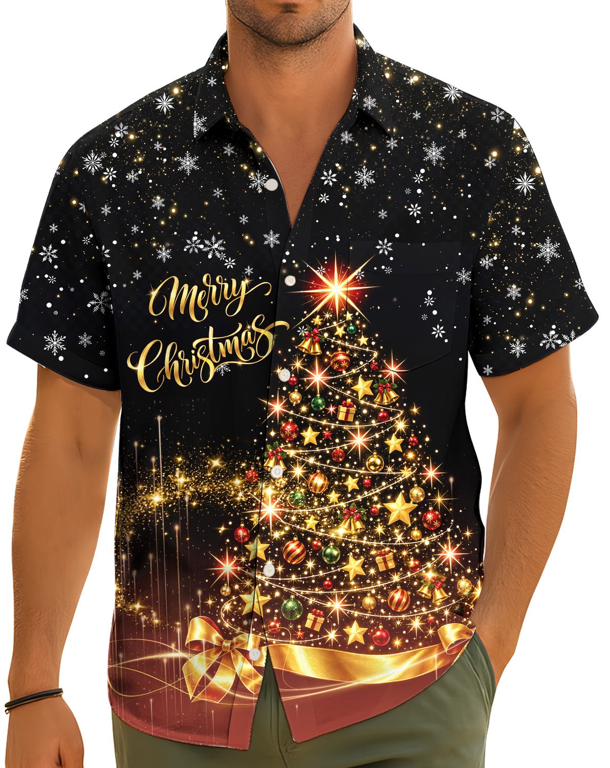 Lifestyle view of a person wearing the matching family hawaiian shirt