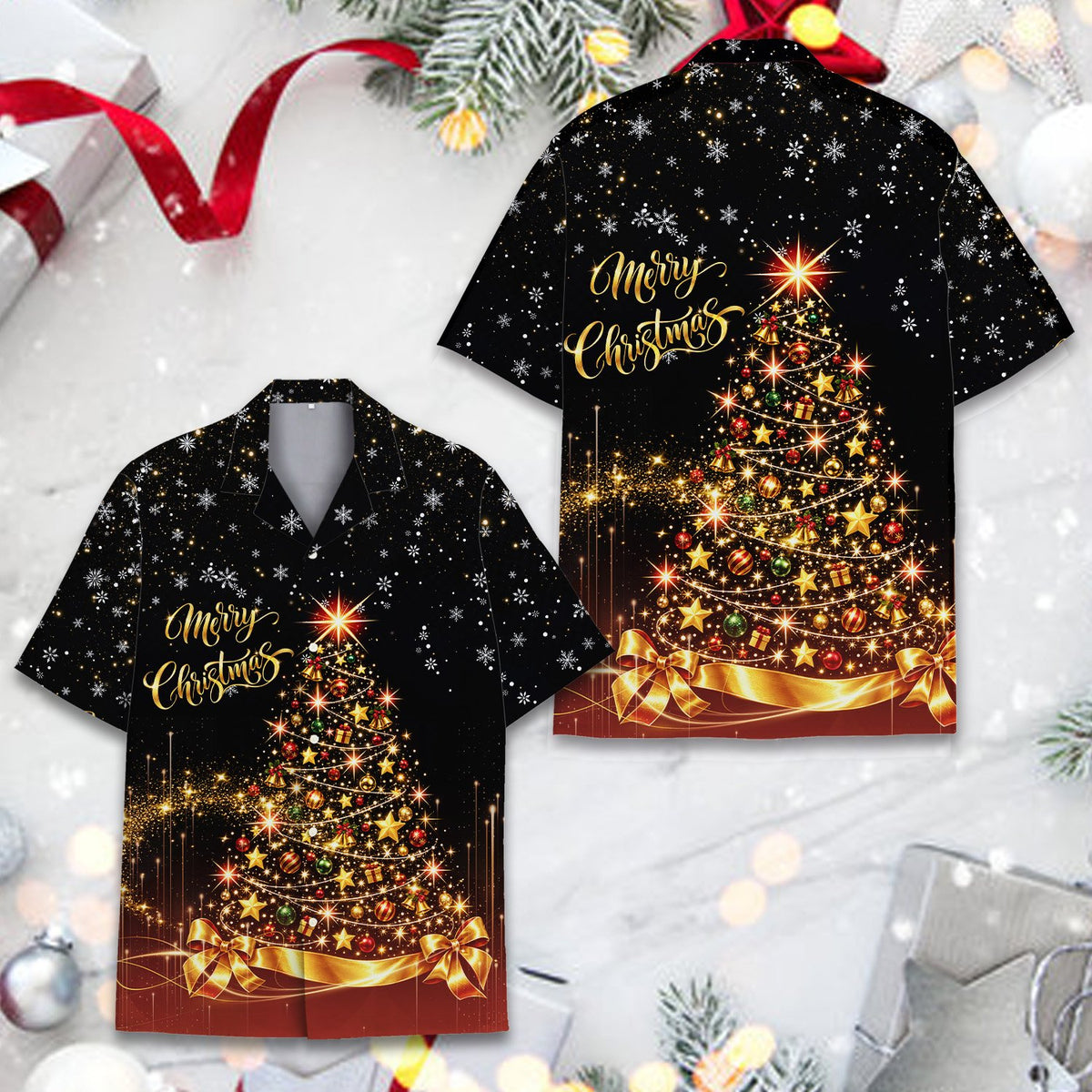 Detail view of the sparkling ornaments and snowflakes on the shirt