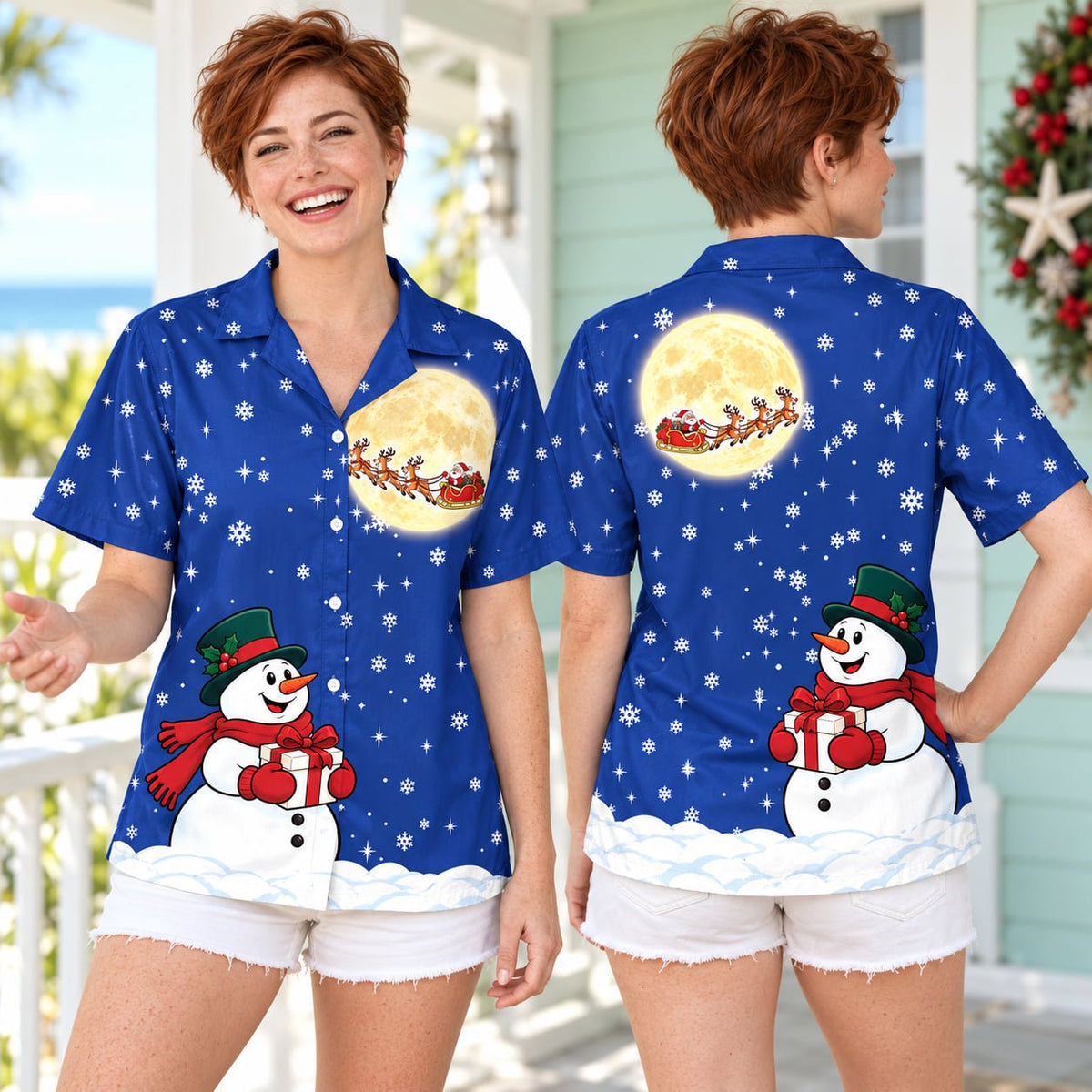 Back view of the blue Christmas hawaiian shirt displaying the reindeer and sleigh pattern.