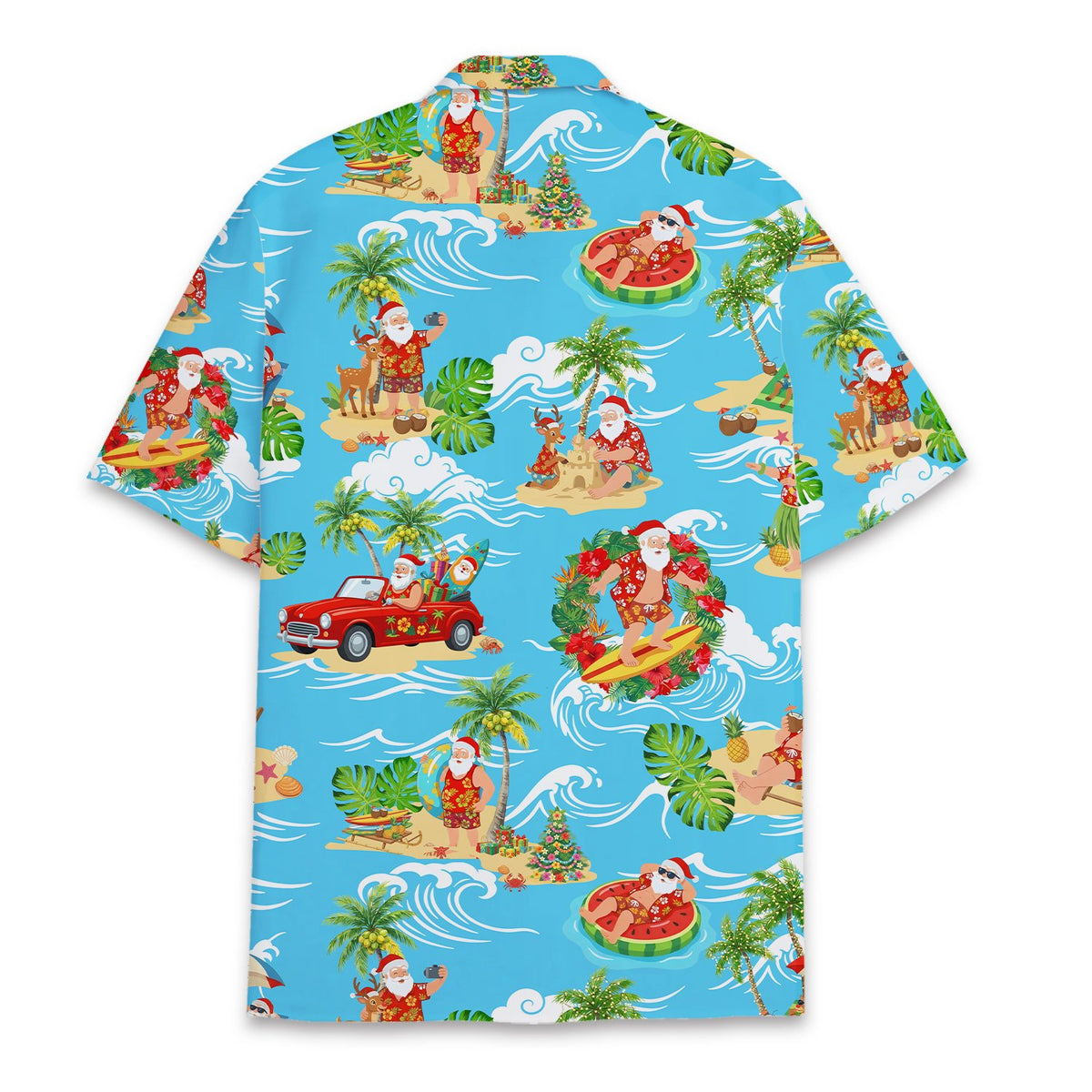 Back view of the light blue tropical surfing Santa holiday shirt