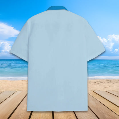 Matching family Christmas hawaiian shirt in blue, back view