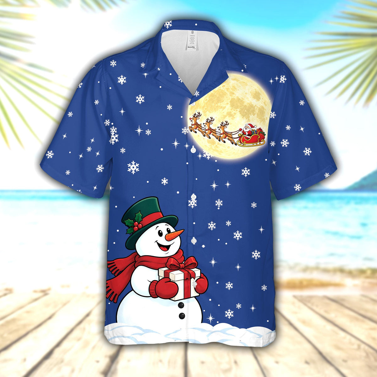 Matching family Christmas hawaiian shirt featuring a snowman and sleigh pattern on a blue background, main view.