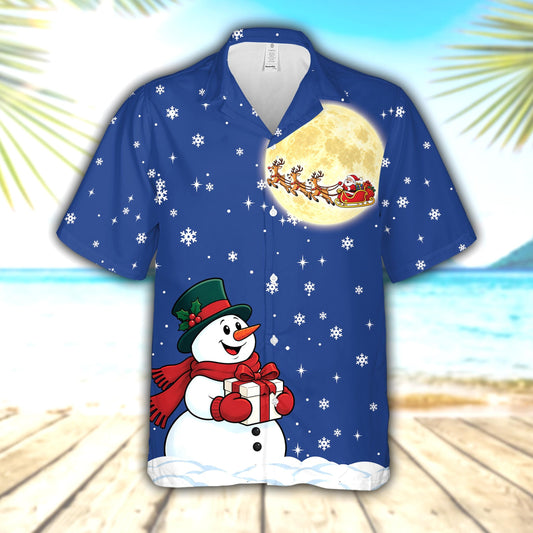Matching family Christmas hawaiian shirt featuring a snowman and sleigh pattern on a blue background, main view.