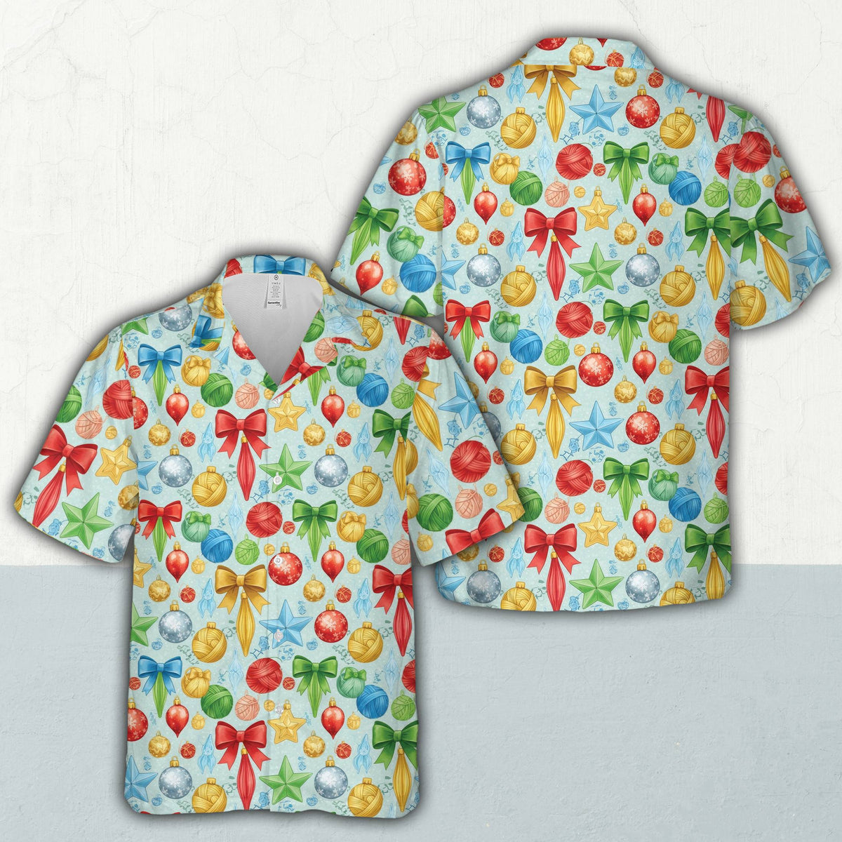 Light blue christmas hawaiian shirt with ornaments and stars, front view