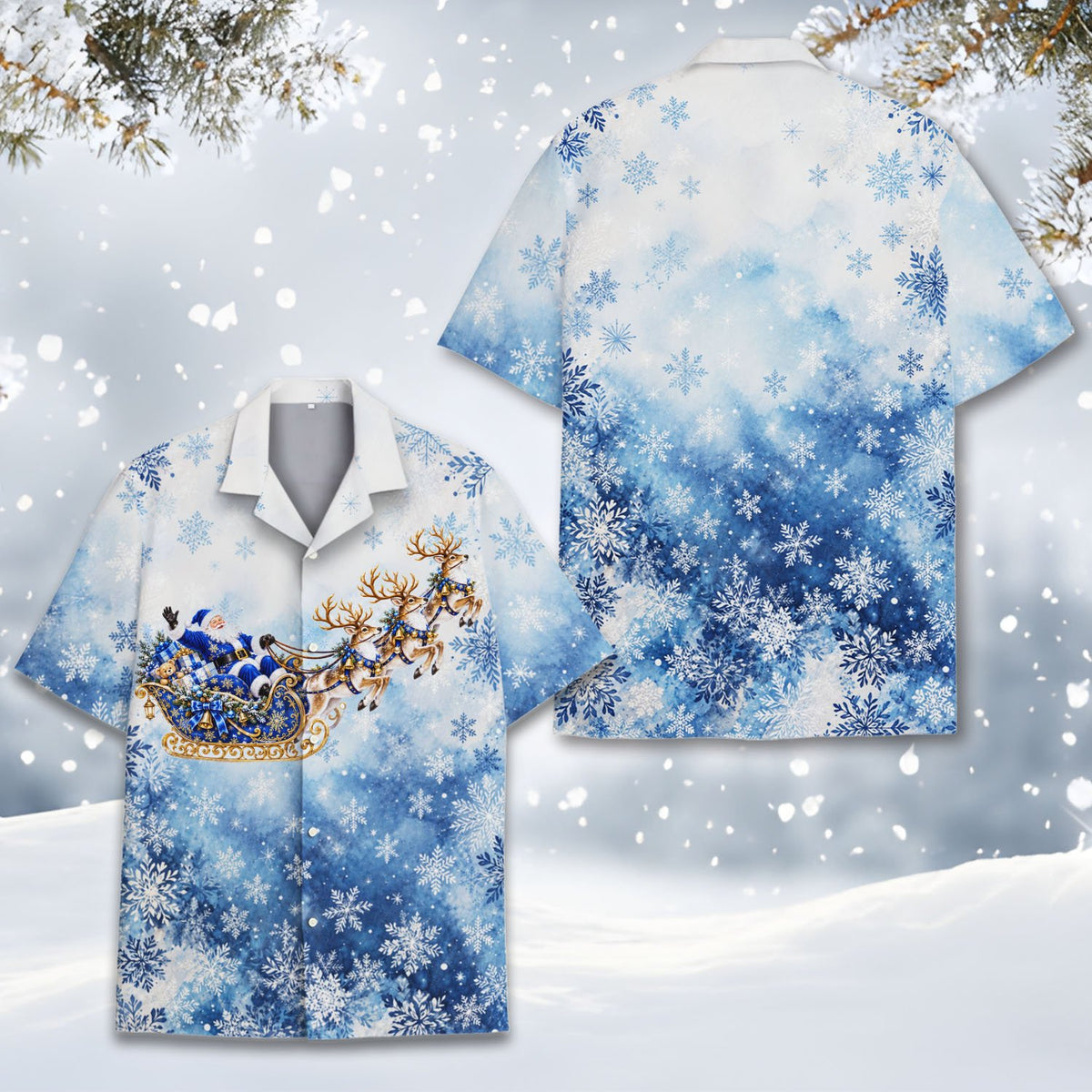 Additional front view of the blue christmas hawaiian shirt