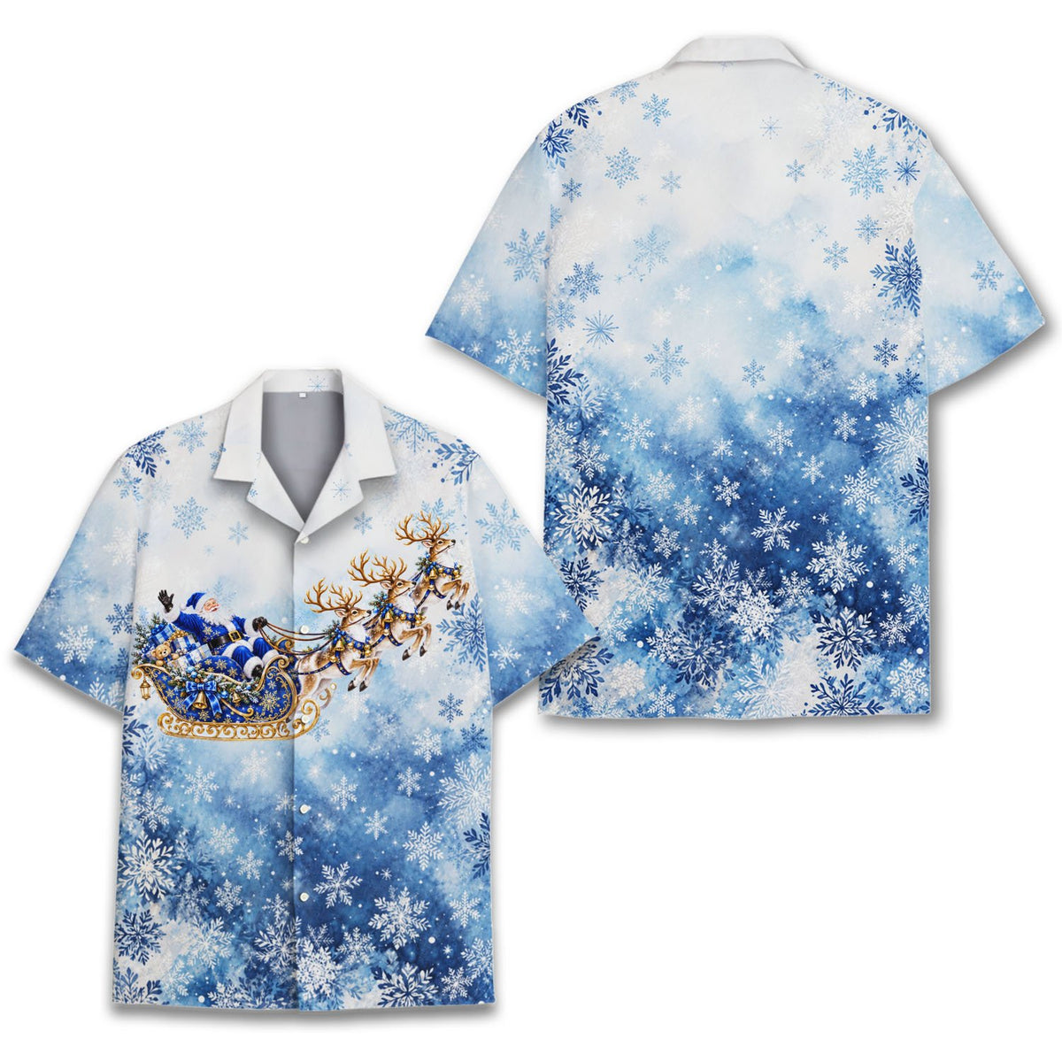 Main view of the christmas hawaiian shirt featuring a blue ombre background and Santa sleigh design