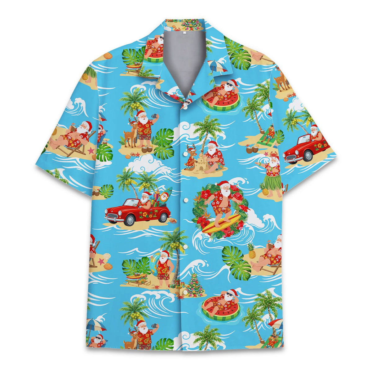 Light blue christmas hawaiian shirt with surfing Santa and tropical pattern, front view