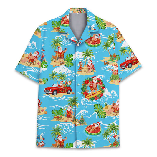 Light blue christmas hawaiian shirt with surfing Santa and tropical pattern, front view