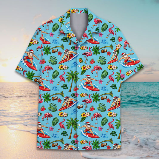 Light blue Christmas Hawaiian shirt featuring surfing Santa and flamingos, front view