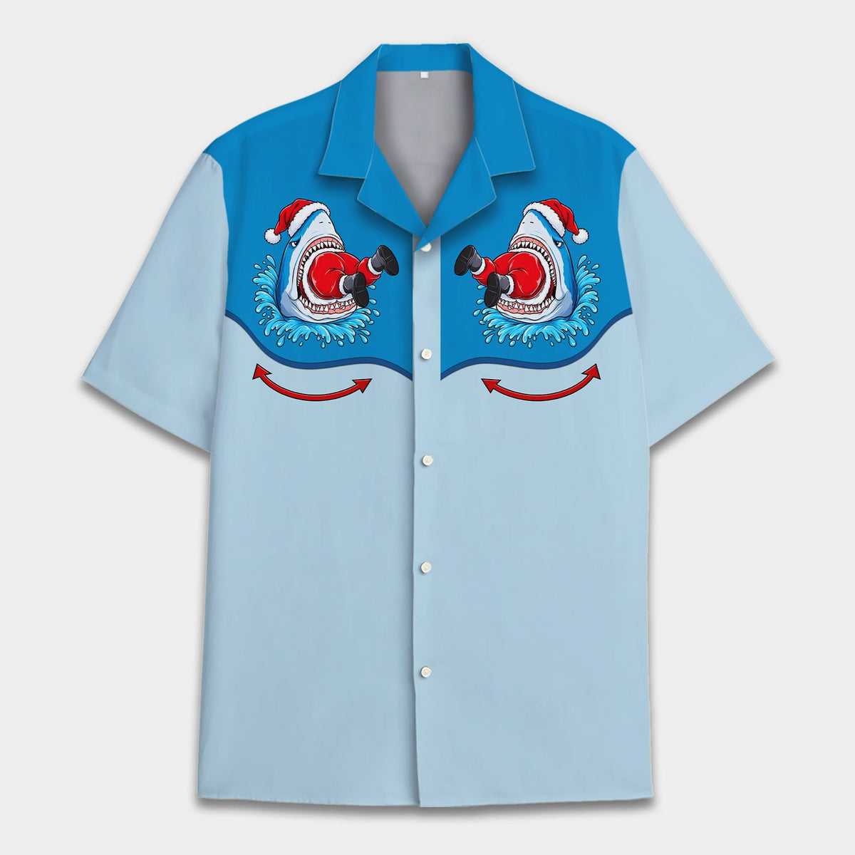 Matching family Christmas hawaiian shirt in blue, front view