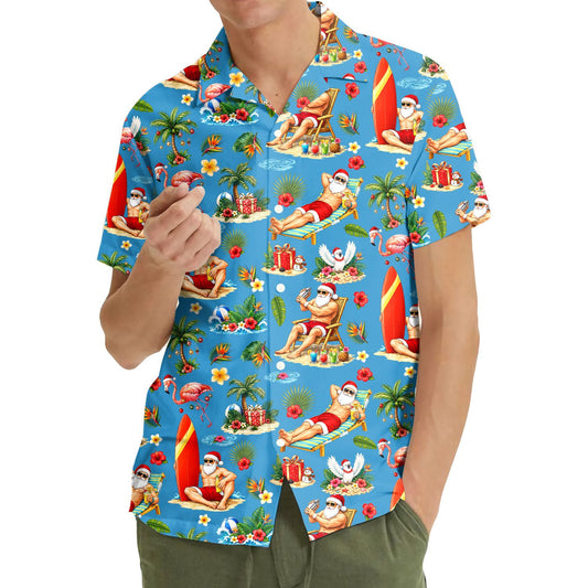 Matching family christmas hawaiian shirt featuring tropical Santa on a light blue background