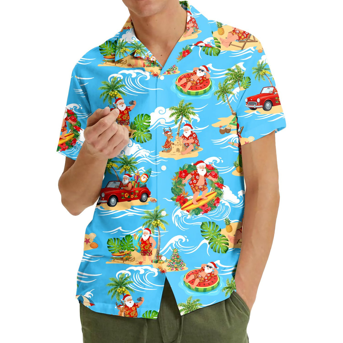 Lifestyle view of the tropical Christmas button-down shirt