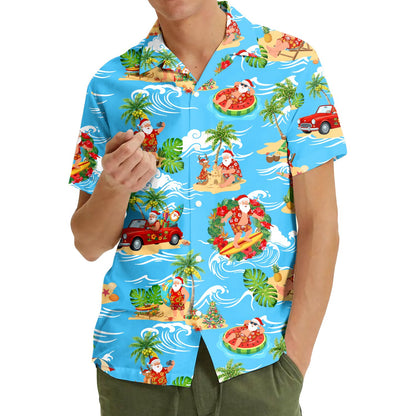 Lifestyle view of the tropical Christmas button-down shirt