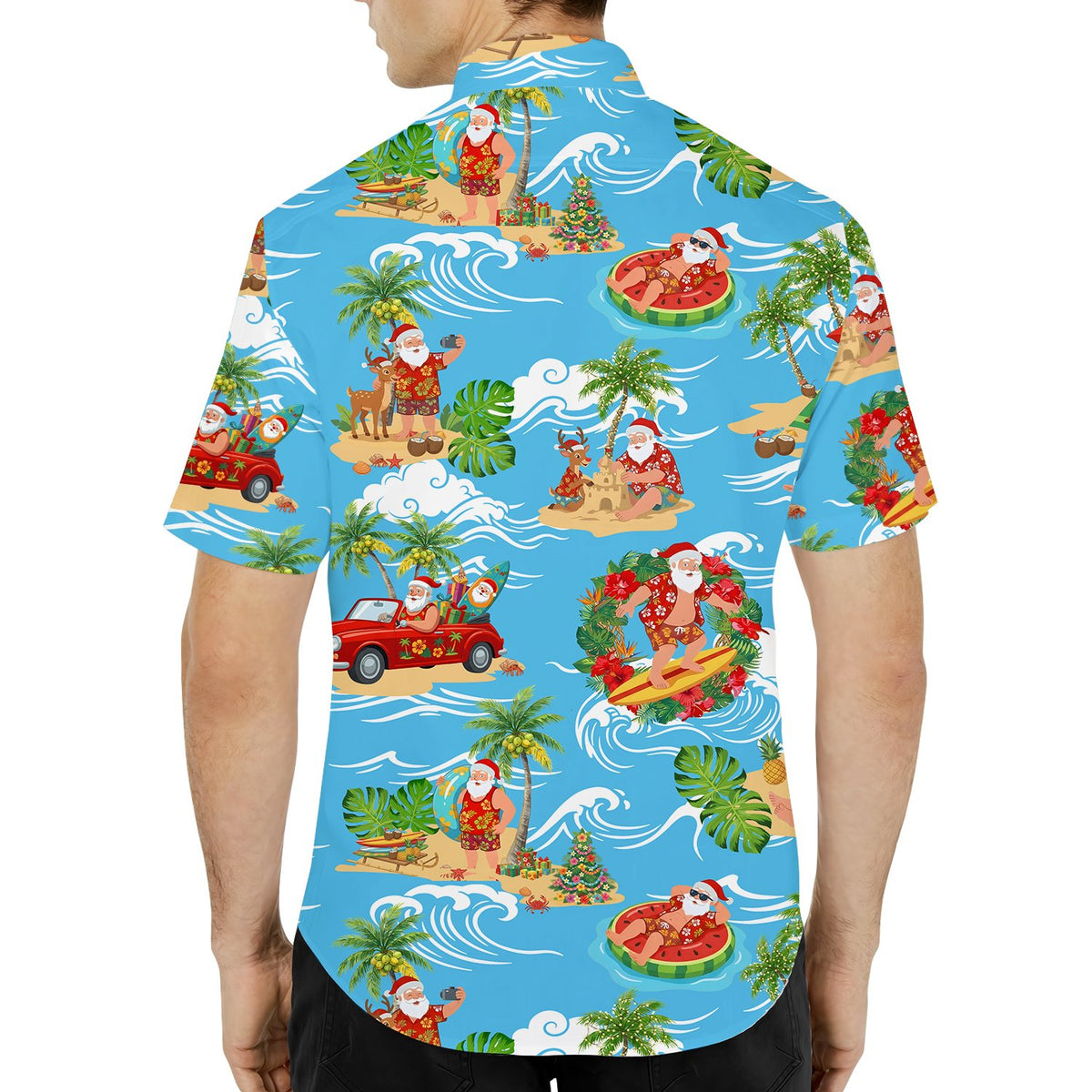 Close-up lifestyle view of the holiday hawaiian shirt pattern