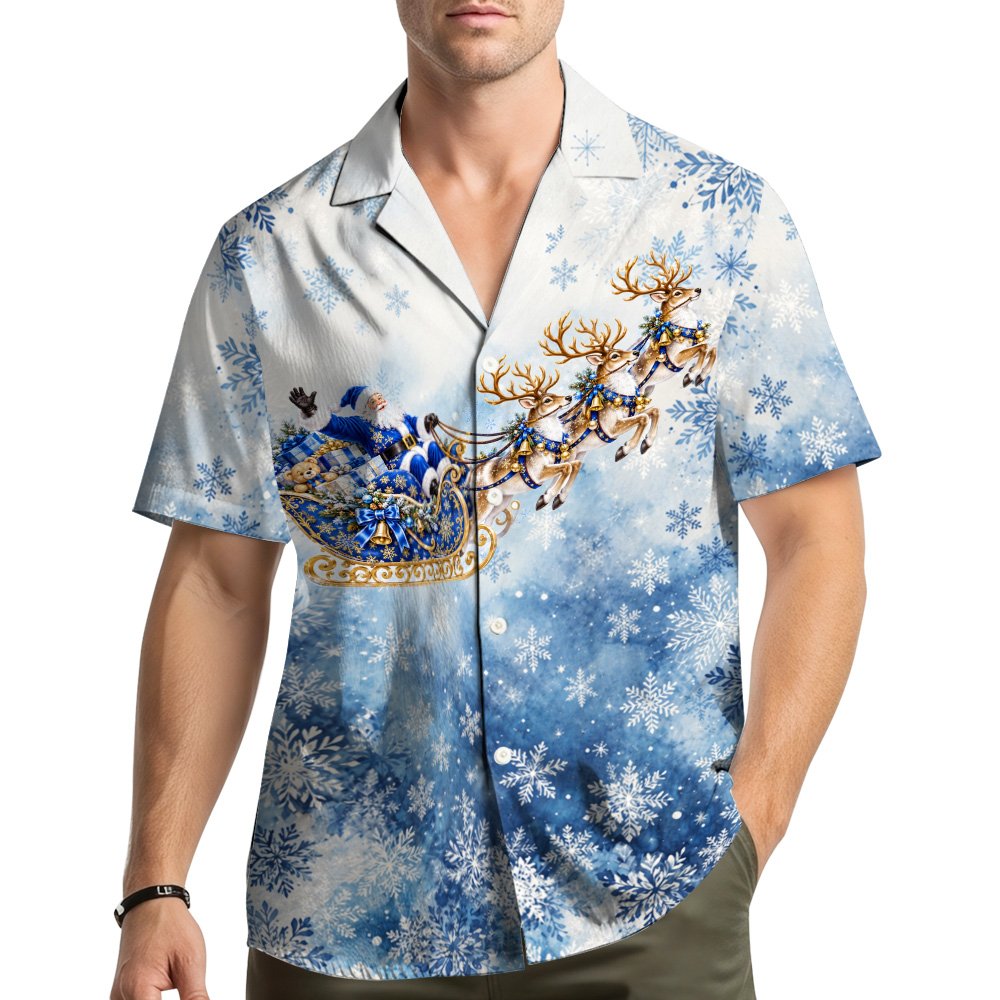 Lifestyle view of a person wearing the blue christmas hawaiian shirt
