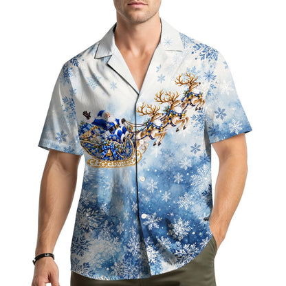 Lifestyle view of a person wearing the blue christmas hawaiian shirt