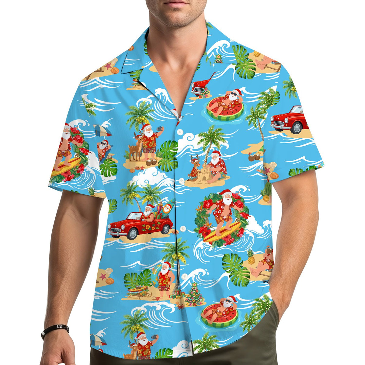 Person wearing the light blue matching family hawaiian shirt outdoors