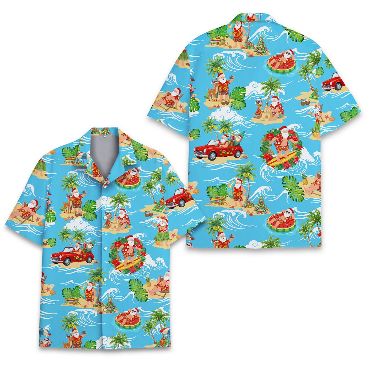 Fabric detail of the surfing Santa holiday hawaiian shirt