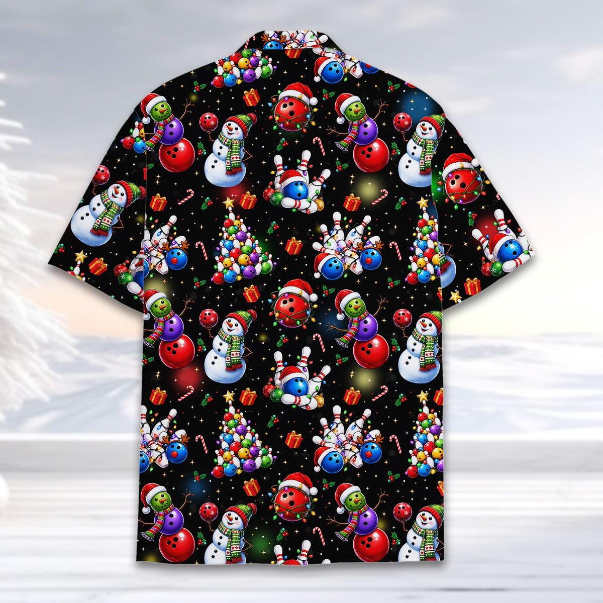 Detailed back view of the Christmas bowling Hawaiian shirt