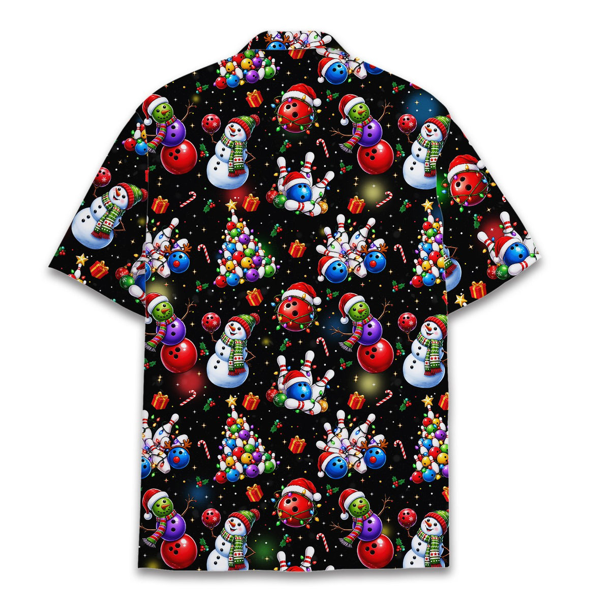 Back view of the matching family Christmas bowling Hawaiian shirt
