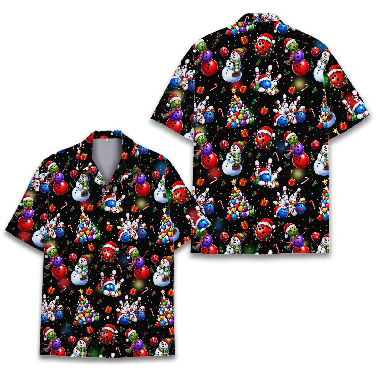 Front view showing details of the Christmas bowling Hawaiian shirt