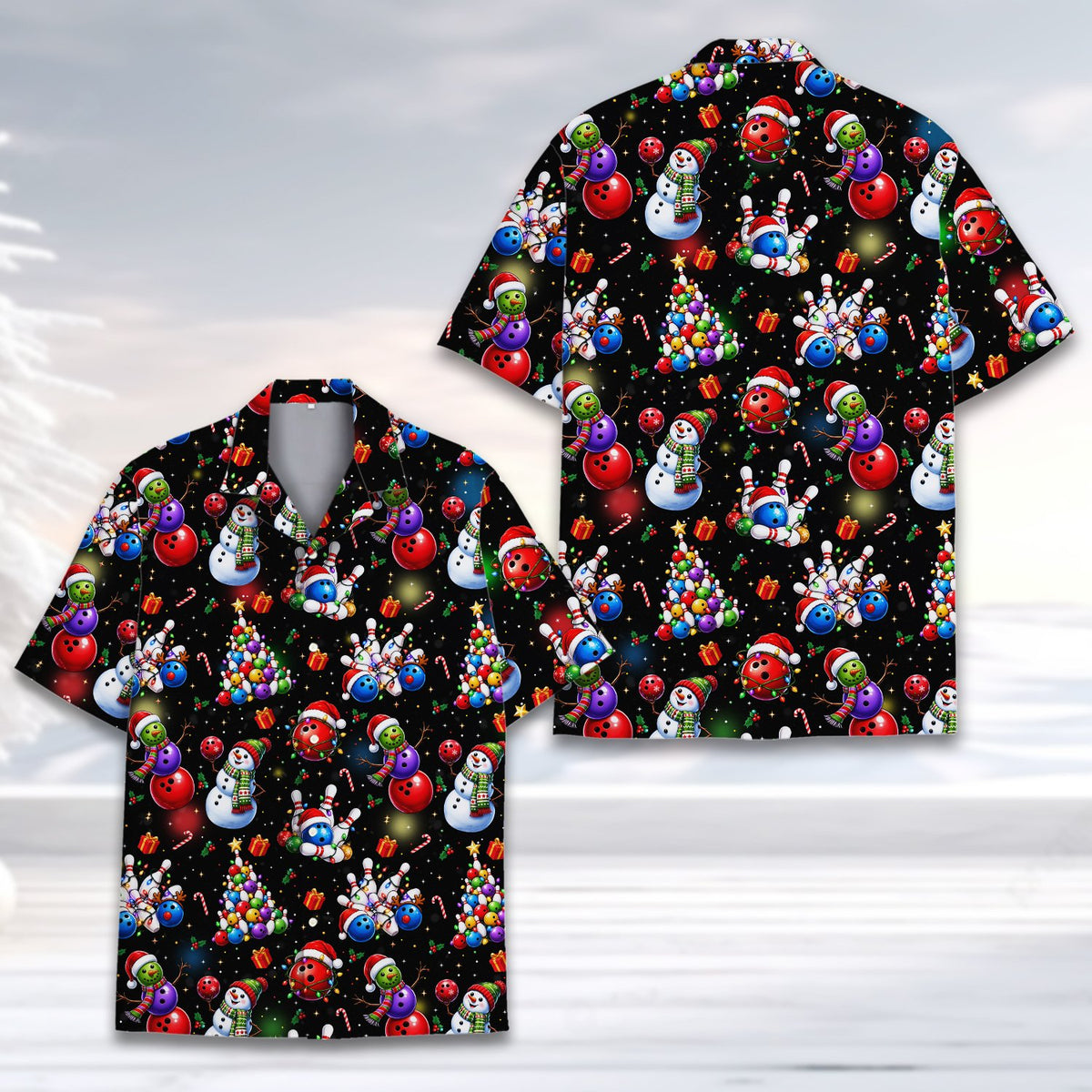 Front angle view of the Christmas bowling Hawaiian shirt