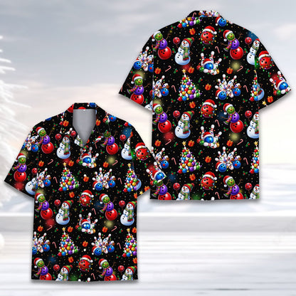 Front angle view of the Christmas bowling Hawaiian shirt