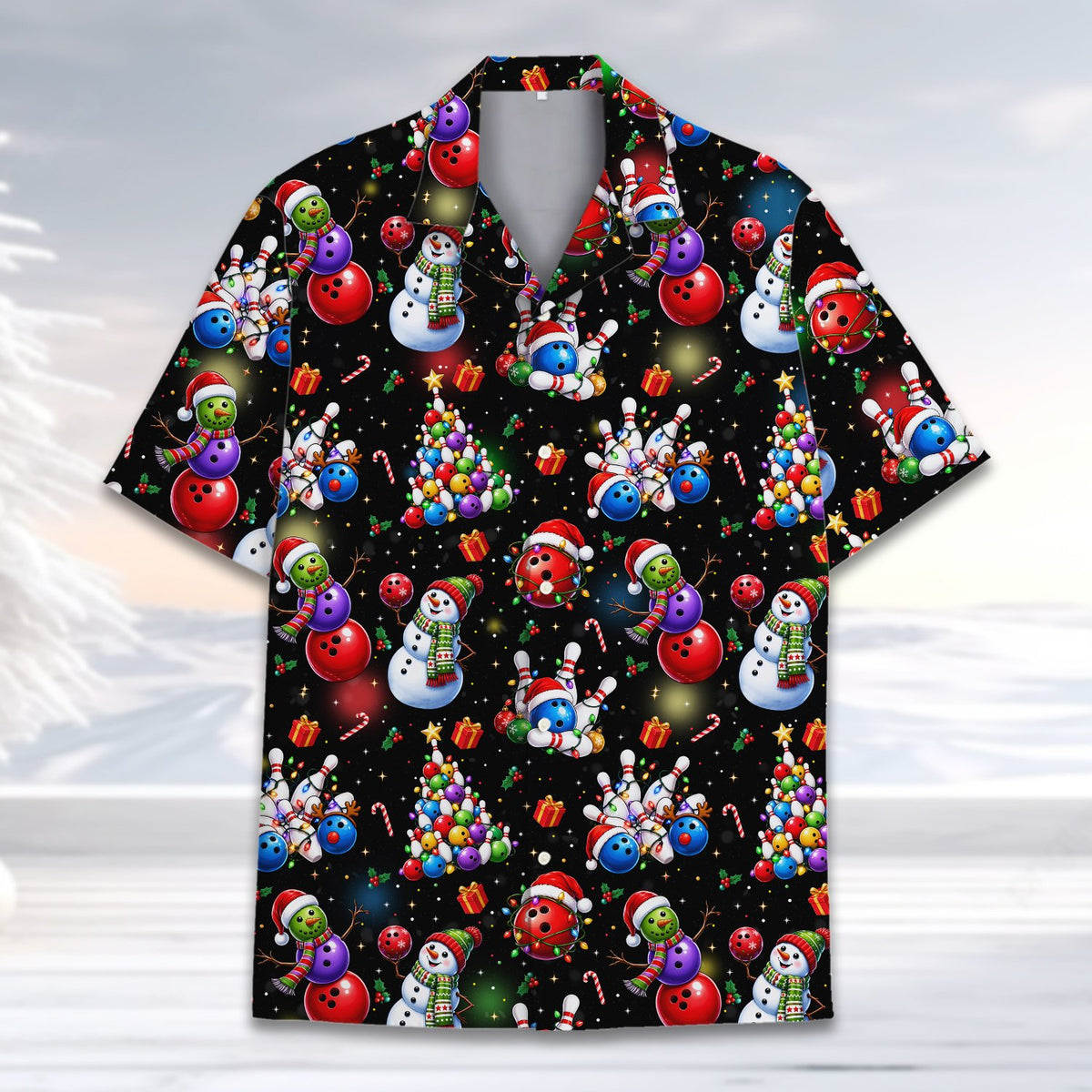 Close-up front view of the Christmas bowling Hawaiian shirt