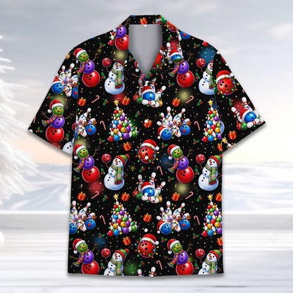 Close-up front view of the Christmas bowling Hawaiian shirt