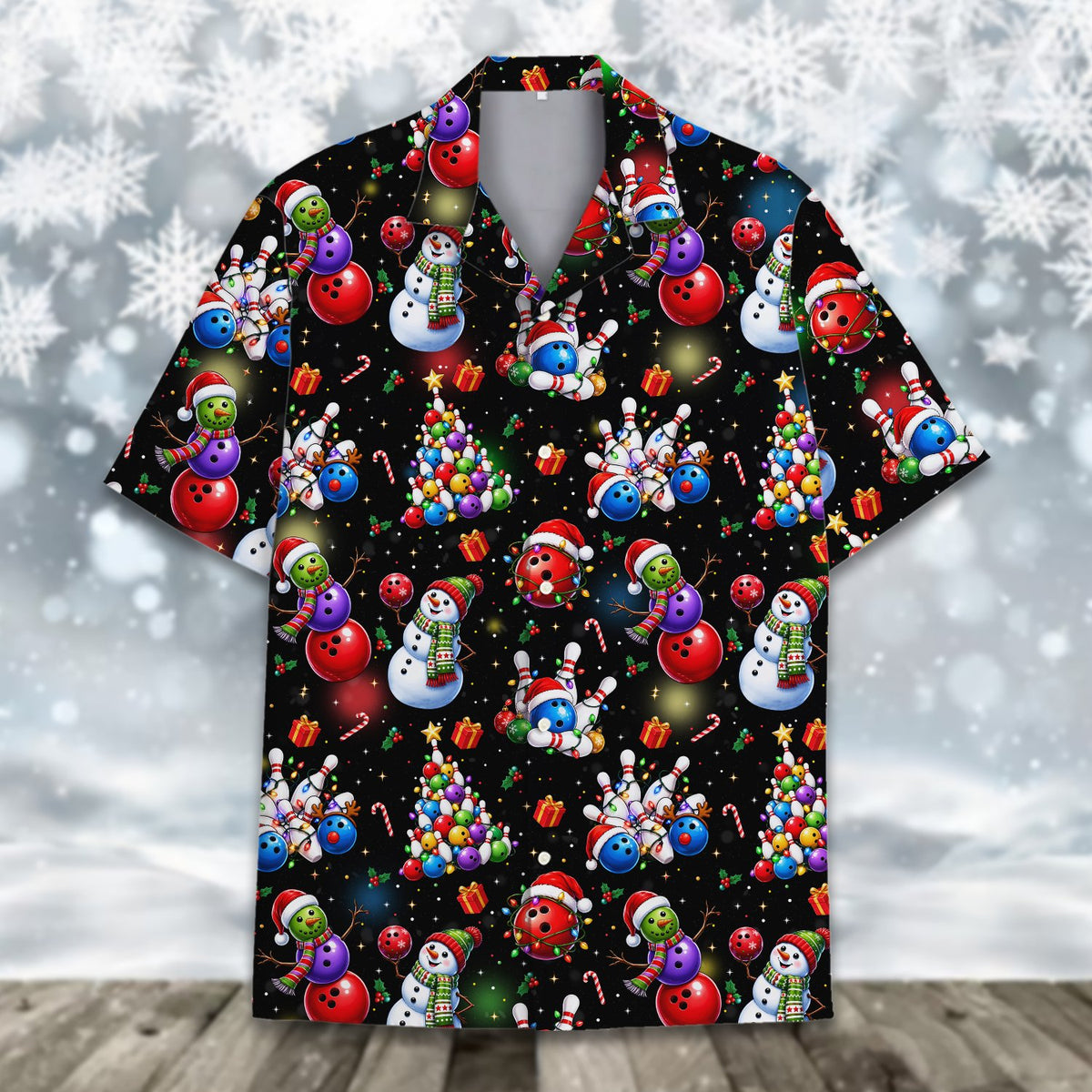Detailed front view of the Christmas bowling Hawaiian shirt collar and buttons