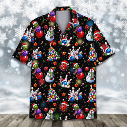 Detailed front view of the Christmas bowling Hawaiian shirt collar and buttons