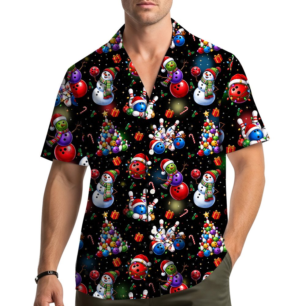 Front view of the Christmas bowling Hawaiian shirt